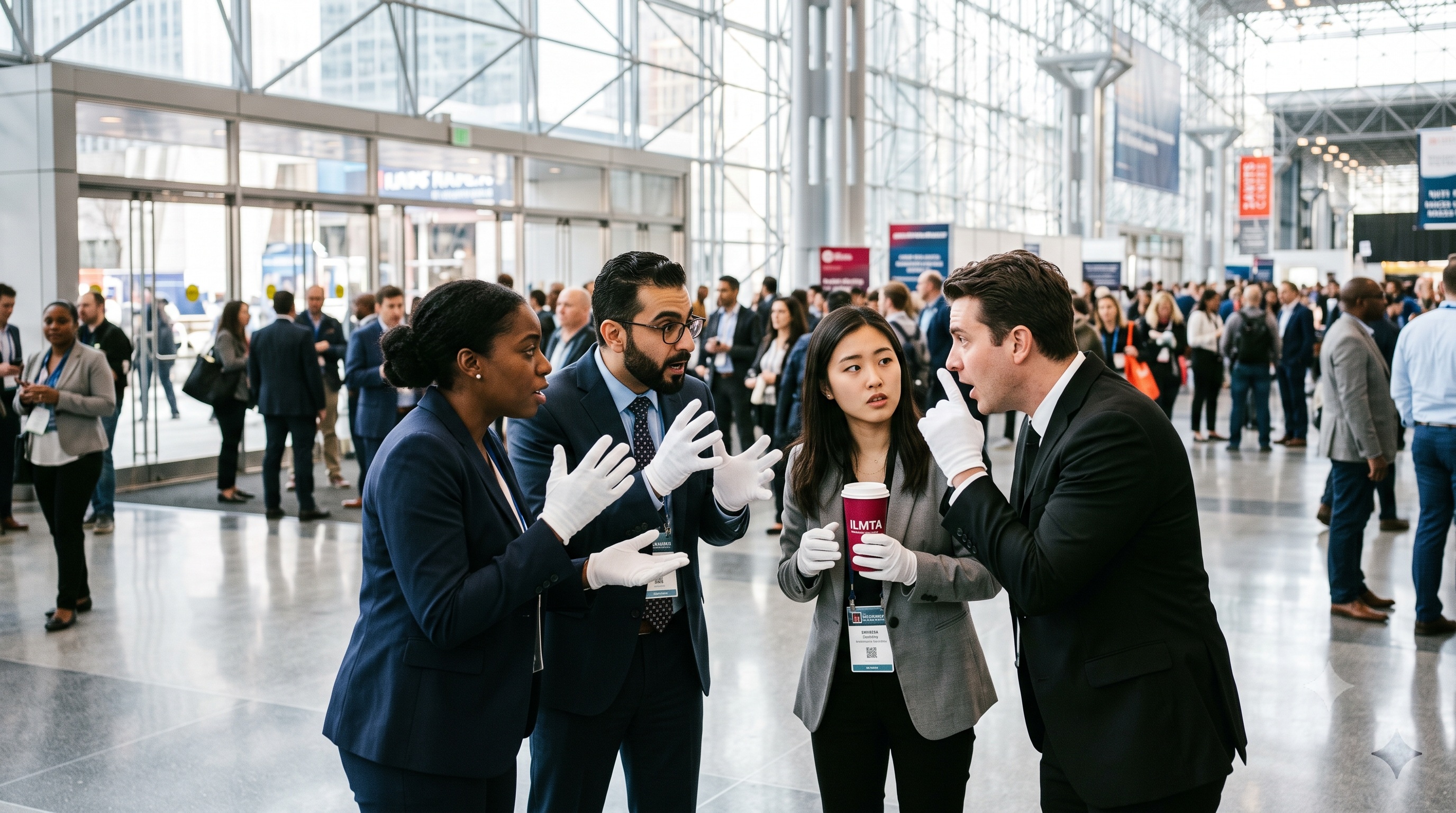 A group of corporate mimes networking silently